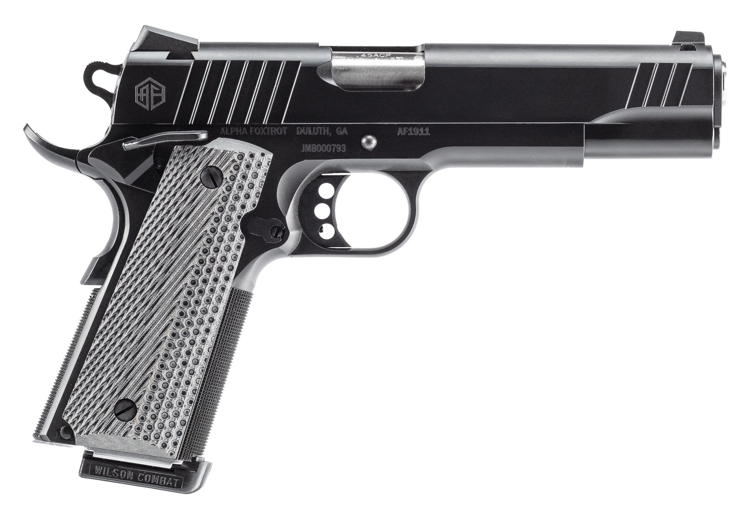 Alpha Foxtrot AA27X4ENA-XQBK08-WBS AF1911 Full Size 45 ACP 8+1 5" Stainless Bull Barrel, Black QPQ Stainless Steel Serrated Slide, Black QPQ Stainless Steel Serrated Frame w/Beavertail G10 Grip