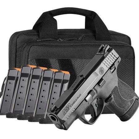 Smith & Wesson 14750 M&P Shield Plus Bundle Micro-Compact 9mm Luger 13+1, 3.10" Black Armornite Stainless Steel Barrel & Serrated Slide, Matte Black Polymer Frame,  Thumb Safety, 6 Mags & Bag