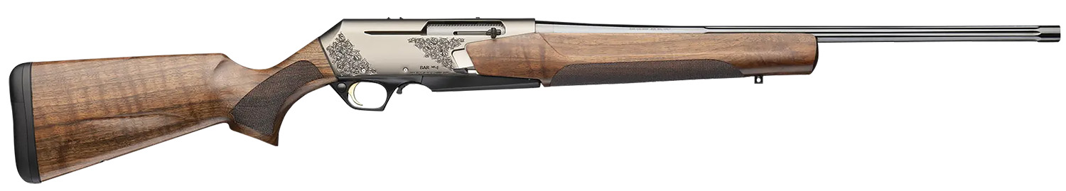 Browning 039009226 BAR MK4 Medallion 30-06 Springfield 4+1 22" Polished Blued Fluted Barrel, Satin Nickel Engraved Aluminum Alloy Drilled & Tapped Receiver, Grade III Turkish Walnut Adj Shim Stock
