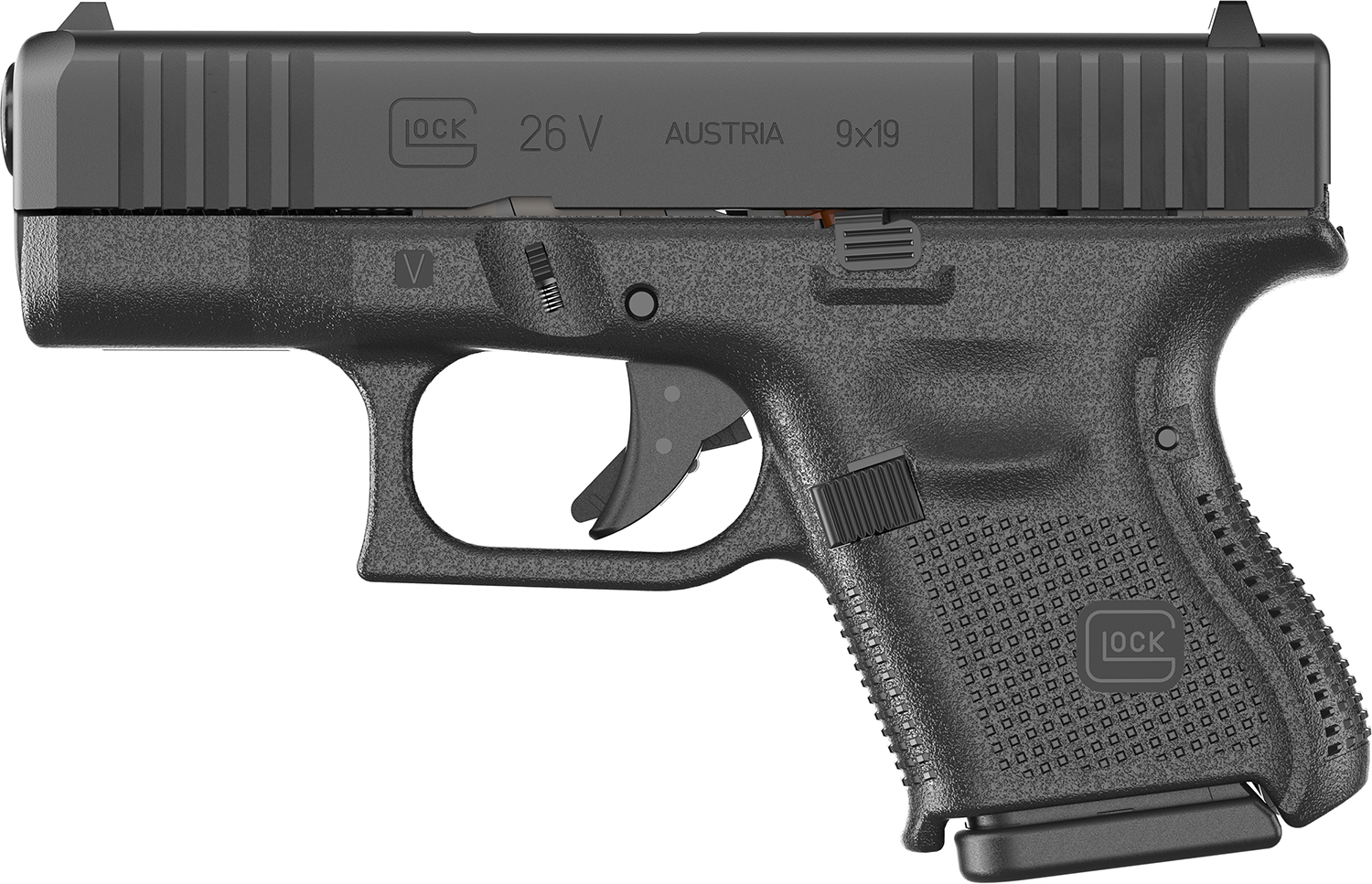 Glock UV2650201 G26 V Sub-Compact Frame 9mm Luger 10+1 3.43" Black GMB Barrel, Black Steel Serrated Slide, Black Polymer Frame, Textured Polymer Grip, Ambidextrous