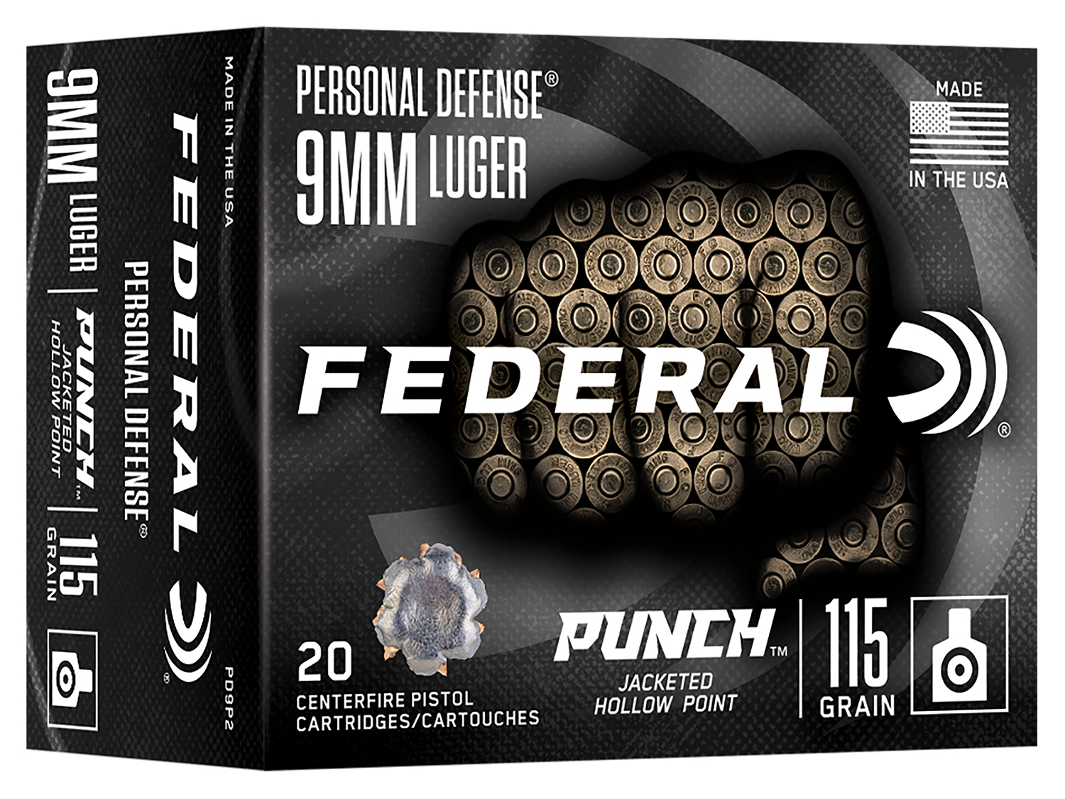 Federal PD9P2 Punch 9mmLuger 115gr Jacketed Hollow Point 20/Box