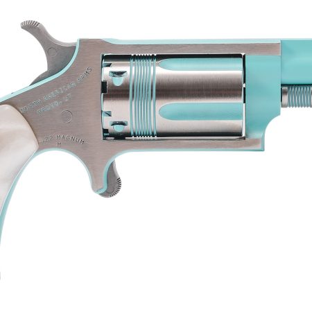 North American Arms 22MPB Iris undefined 22 Mag 5 Shot 1.63" Turquoise Cerakote Ported Barre Matte Stainless Steel Frame, Stainless/Turquoise Cylinder, Faux White Pearl Grip, Exposed Hammer