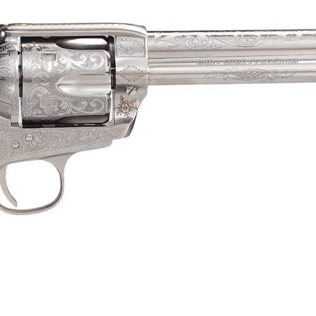 Taylors & Company  1873 Outlaw Legacy Pietta 45 Colt (Long Colt) 6 Shot 7.50" Nickel Engraved Round Barrel, Cylinder & Steel Frame, White PVC Navy Grip, Manual Safety, Exposed Hammer