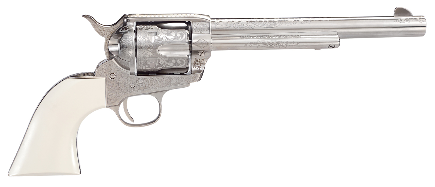 Taylors & Company 1873 Outlaw Legacy Pietta 45 Colt (Long Colt) 6 Shot 7.50" Nickel Engraved Round Barrel, Cylinder & Steel Frame, White PVC Navy Grip, Manual Safety, Exposed Hammer