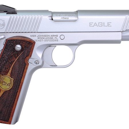 Iver Johnson Arms EAGLEHC Eagle Gen2 HC Government Frame 45 ACP 8+1 5" Overall Satin Hard Chrome Crowned Barrel, Serrated Steel Slide & Frame w/Beavertail, Textured Walnut w/Brass Logo Medallion Grip