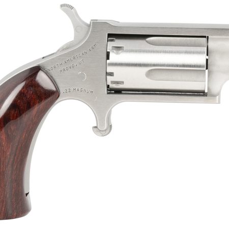 North American Arms 22MSGBG Mini-Revolver  Sports South Exclusive 22 WMR 5 Shot 1.13" Stainless Steel Barrel, Frame & Cylinder, Wood Boot Grip, Exposed Hammer
