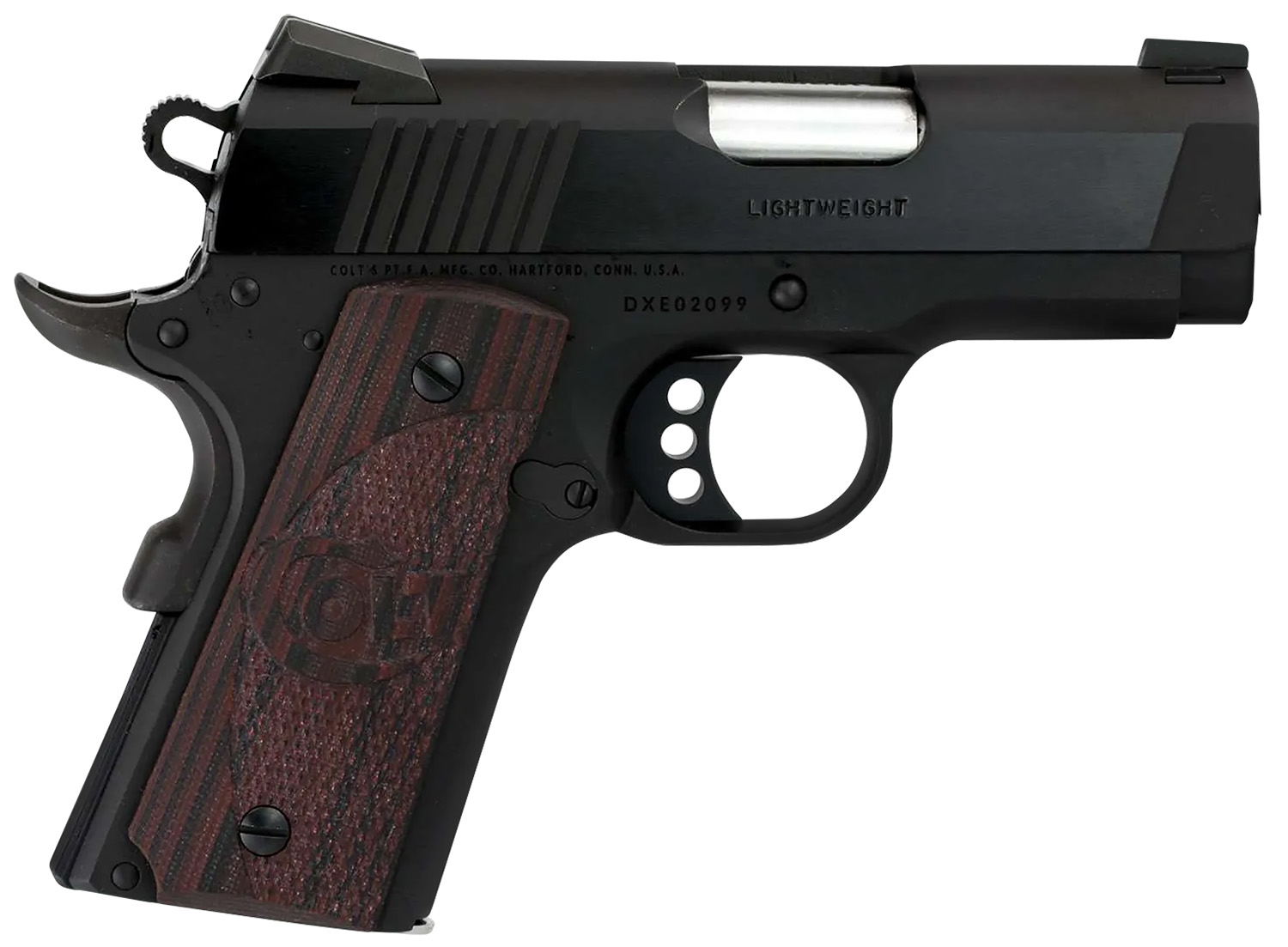 Colt Mfg O7802XE Defender Compact Frame 9mm Luger 8+1 3" Black Steel Barrel, Blued Serrated Steel Slide, Matte Black Cerakote Aluminum Frame w/Beavertail, Black Cherry Tactical G10 Grip, Ambidextrous