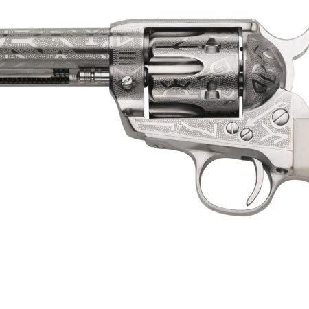 Taylors & Company 200060 1873 Cattle Brand Pietta 38 Special/357 Mag 6 Shot 5.50" Nickel Engraved Round Barrel, Nickel Engraved Cylinder & Steel Frame, White PVC Navy Grip, Exposed Hammer