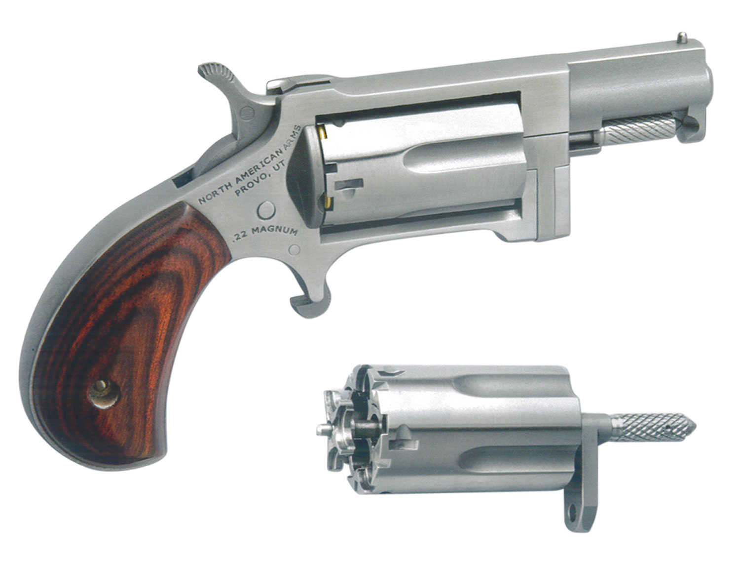 North American Arms SWC Sidewinder Conversion 22 LR/22 WMR 5 Shot 1.50" Stainless Steel Barrel, Frame & Cylinder, Rosewood Birdshead Grip, Exposed Hammer
