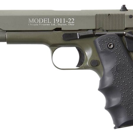 Chiappa Firearms 401121 1911-22  22 LR 10+1 5" OD Green Serrated Steel Slide & Beavertail Frame, Black Hogue Rubber w/Finger Grooves Grip