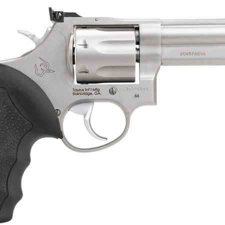 Taurus 2-660049 66  Medium 357 Mag/38 Special +P 7 Shot 4" Matte Stainless Steel Barrel, Cylinder & Frame, Black Finger Grooved Rubber Grip, Transfer Bar Safety, Exposed Hammer