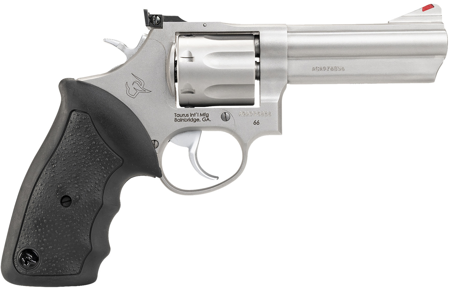 Taurus 2-660049 66 Medium 357 Mag/38 Special +P 7 Shot 4" Matte Stainless Steel Barrel, Cylinder & Frame, Black Finger Grooved Rubber Grip, Transfer Bar Safety, Exposed Hammer