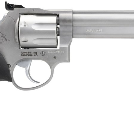 Taurus 2-660069 66  Medium 357 Mag/38 Special +P 7 Shot 6" Matte Stainless Steel Barrel, Cylinder & Frame, Black Finger Grooved Rubber Grip, Transfer Bar Safety, Exposed Hammer