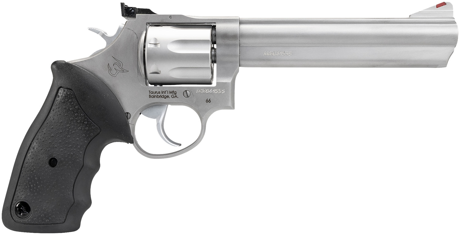 Taurus 2-660069 66 Medium 357 Mag/38 Special +P 7 Shot 6" Matte Stainless Steel Barrel, Cylinder & Frame, Black Finger Grooved Rubber Grip, Transfer Bar Safety, Exposed Hammer