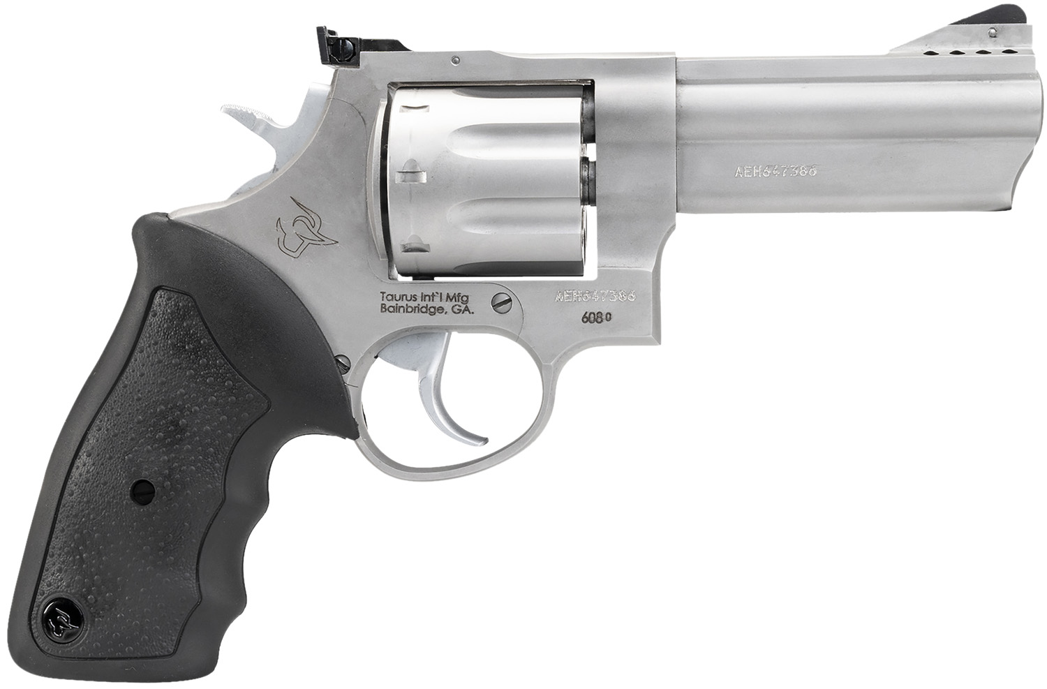 Taurus 2-608049 608 Large 357 Mag/38 Special +P 8 Shot 4" Matte Stainless Steel Ported Barrel, Cylinder & Frame, Black Finger Grooved Rubber Grip, Transfer Bar Safety, Exposed Hammer