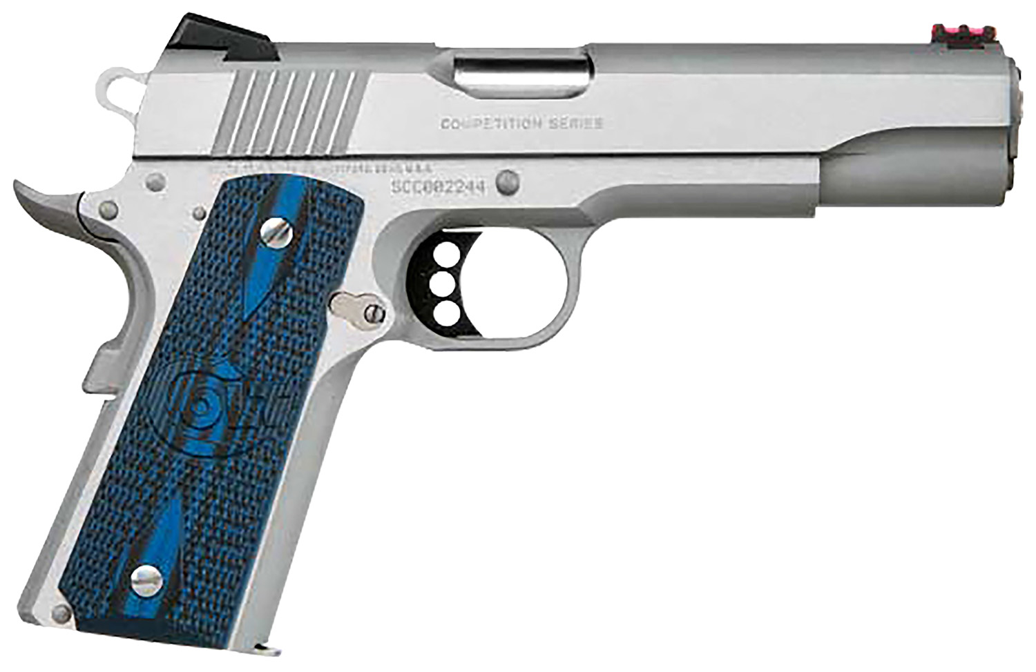 Colt Mfg O1072CCS Competition Government 9mm Luger 9+1 5" Stainless National Match Barrel, Stainless Steel Serrated Slide & Frame w/Beavertail, Checkered Blue G10 Grip, Ambidextrous