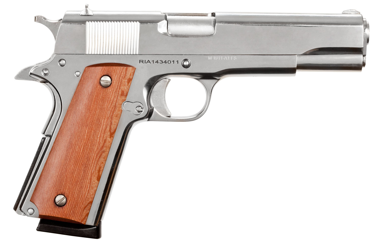 Rock Island 51433 GI Standard FS 45 ACP Caliber with 5" Barrel, 8+1 Capacity, Overall Polished Nickel Finish Steel, Beavertail Frame, Serrated Slide & Wood Grip