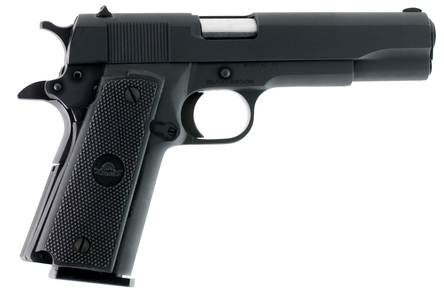 Rock Island 51453MA GI Standard FSHC *MA Compliant 45 ACP Caliber with 5" Barrel, 10+1 Capacity, Overall Black Parkerized Finish Steel, Beavertail Frame, Serrated Slide & Black Rubber Grip