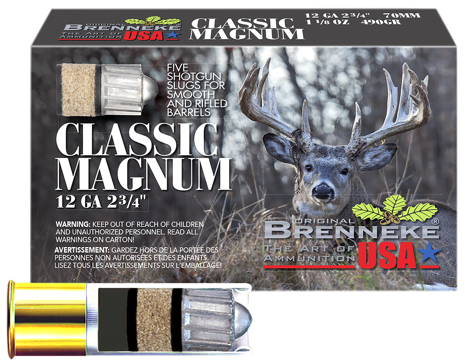 Brenneke SL122CLM Classic Magnum 12Gauge 2.75" 1 1/8oz Slug Shot 5 Per Box/50 Case