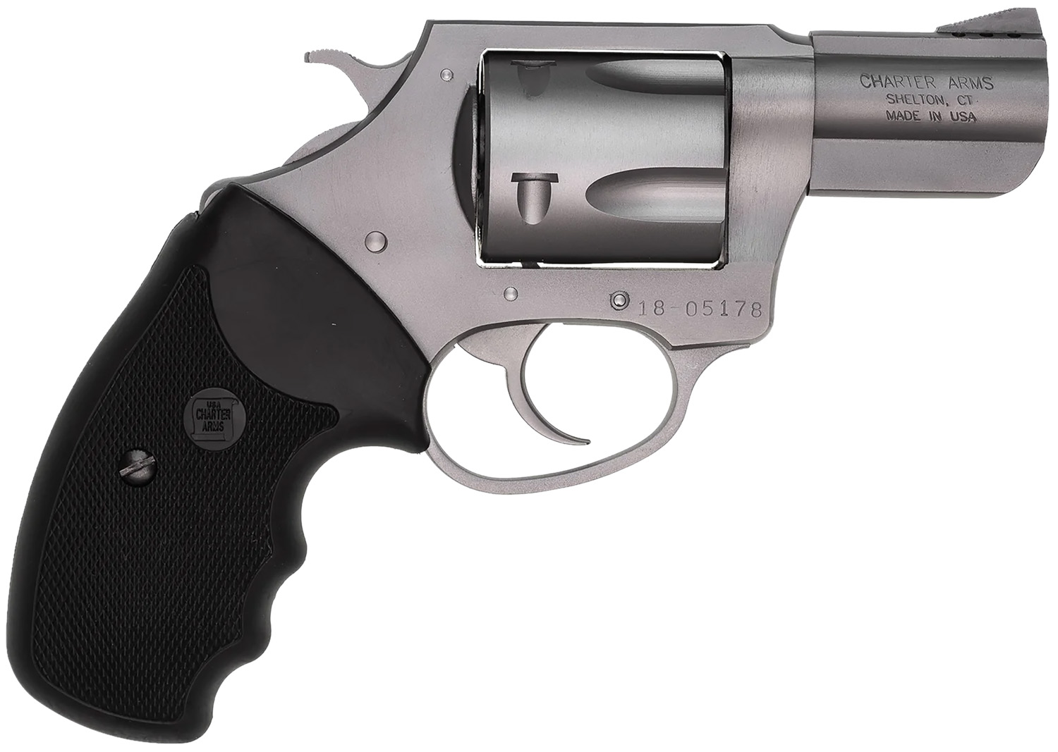 Charter Arms 73520 Mag Pug Large 357 Mag, 5 Shot 2.20" Matte Stainless Steel Ported Barrel, Matte Stainless Steel Cylinder & Frame w/Black Finger Grooved Rubber Grip