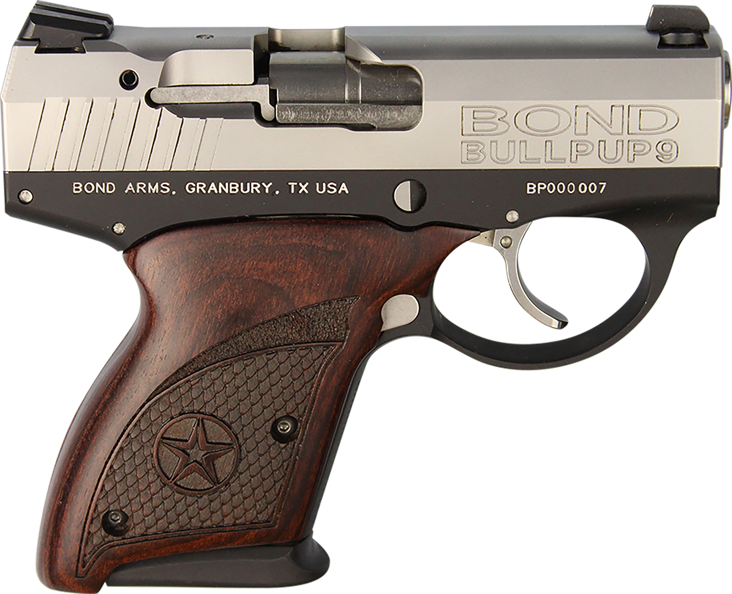 Bond Arms BABP BullPup9 Micro-Compact Frame 9mm Luger 7+1, 3.35" Stainless Steel Barrel, Stainless Serrated Steel Slide, Black Aluminum Frame, Engraved Rosewood Grips