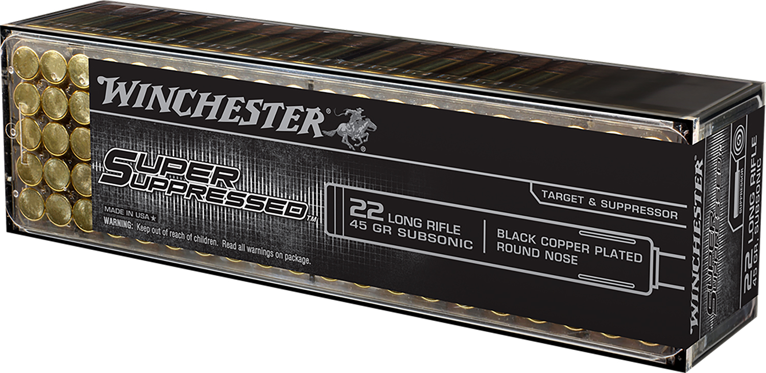 Winchester Ammo SUP22LR Super Suppressed 22LR 45gr Black Copper Plated Round Nose 100 Per Box/20 Case