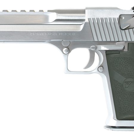 Magnum Research DE50BC Desert Eagle Mark XIX 50 AE Caliber with 6" Picatinny Rail Barrel, 7+1 Capacity, Overall Brushed Chrome Finish Carbon Steel, Beavertail Frame, Serrated Slide & Black Rubber Grip