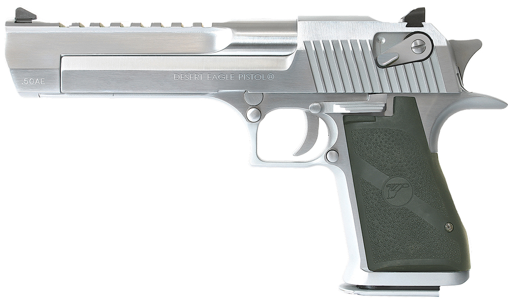 Magnum Research DE50BC Desert Eagle Mark XIX 50 AE Caliber with 6" Picatinny Rail Barrel, 7+1 Capacity, Overall Brushed Chrome Finish Carbon Steel, Beavertail Frame, Serrated Slide & Black Rubber Grip