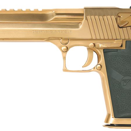 Magnum Research DE50TG Desert Eagle Mark XIX 50 AE Caliber with 6" Picatinny Rail Barrel, 7+1 Capacity, Overall Titanium Gold Finish Carbon Steel, Beavertail Frame, Serrated Slide & Black Rubber Grip
