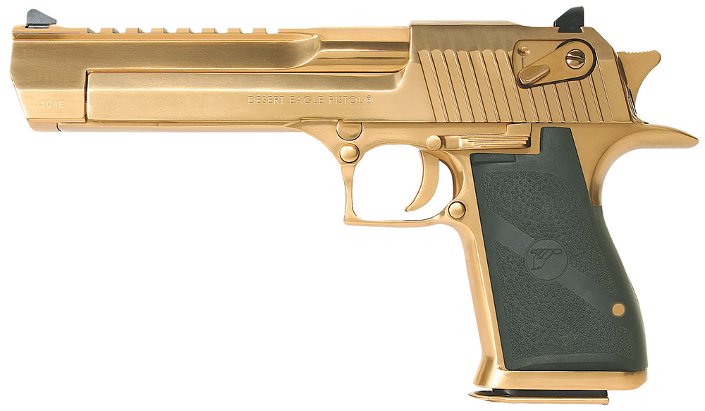 Magnum Research DE50TG Desert Eagle Mark XIX 50 AE Caliber with 6" Picatinny Rail Barrel, 7+1 Capacity, Overall Titanium Gold Finish Carbon Steel, Beavertail Frame, Serrated Slide & Black Rubber Grip