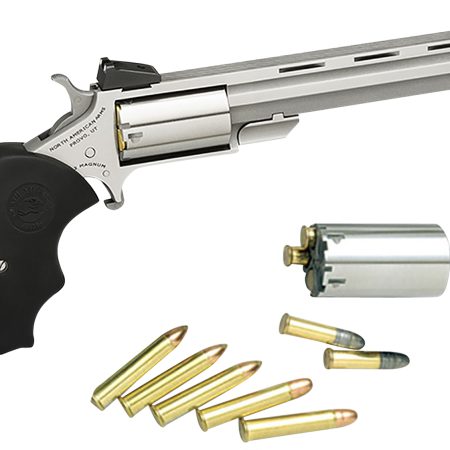 North American Arms MMTC Mini-Master *CA Compliant 22 LR/22 WMR 5 Shot 4" Stainless Steel Vent Rib Barrel, Stainless Steel Frame, Stainless Cylinder, Black Finger Grooved Rubber Grip, Exposed Hammer