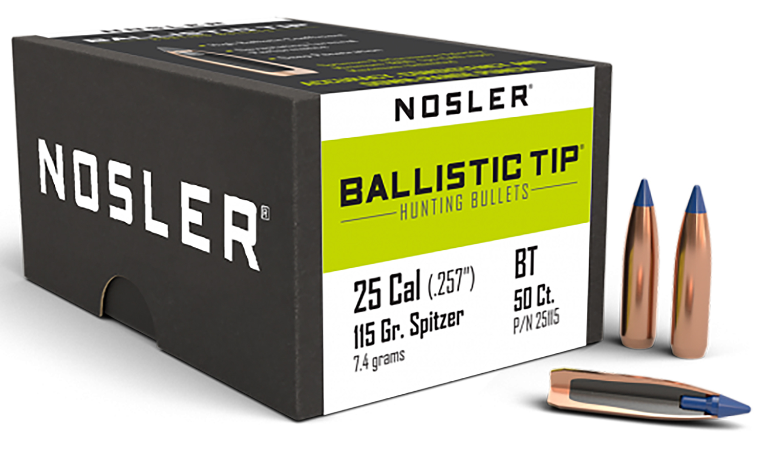 Nosler 25115 Ballistic Tip 25Cal 115gr Spitzer Point 50/Box