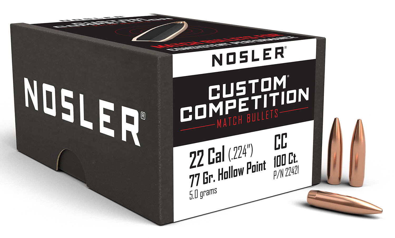 Nosler 22421 Custom Competition 22Cal 77gr Hollow Point Boat Tail 100/Box