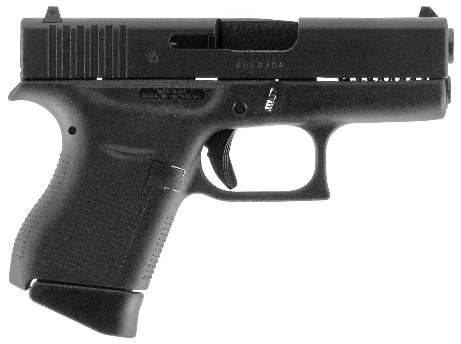 Glock UI4350201 G43 Slim Sub-Compact Frame 9mm Luger 6+1 3.41" Black Steel Barrel, Matte Black Serrated Steel Slide, Black Polymer Frame, Textured Polymer Grip, Right Hand