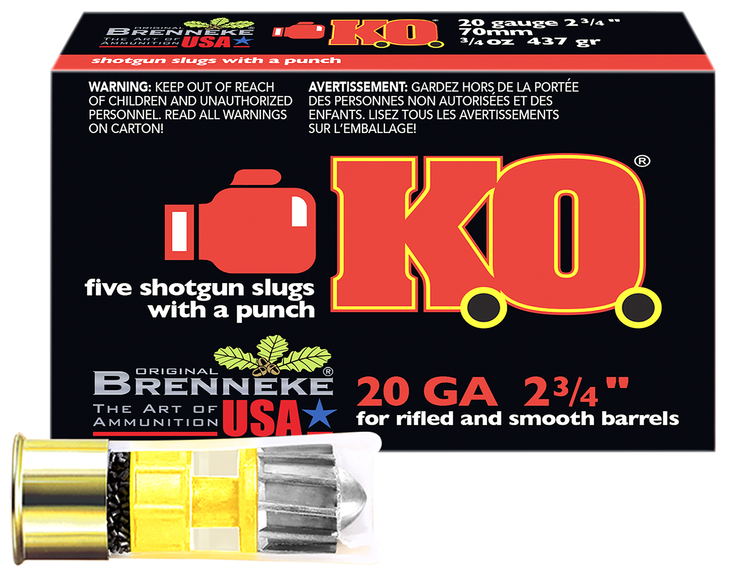 Brenneke SL202KO K.O. 20Gauge 2.75" 3/4oz Slug Shot 5 Per Box/50 Case