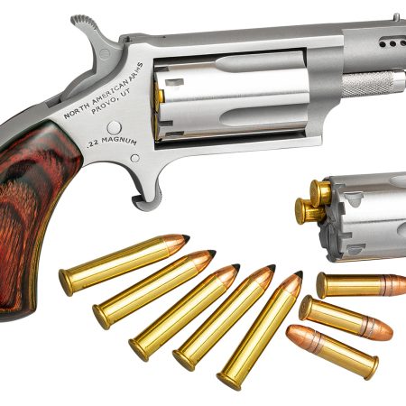 North American Arms 22MSCP Mini-Revolver Combo 22 LR/22 WMR 5 Shot 1.63" Stainless Steel Ported Barrel, Stainless Steel Frame & Cylinder, Rosewood Birdshead Grip, Exposed Hammer