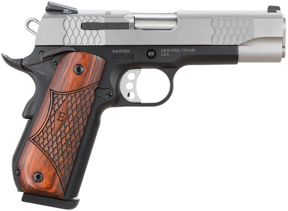 Smith & Wesson 108485 1911 E-Series 45 ACP 4.25" Barrel 8+1, Black Round Butt Scandium Frame, Satin Stainless Steel Slide, Laminate Wood Grip, Manual Grip & Thumb Safety