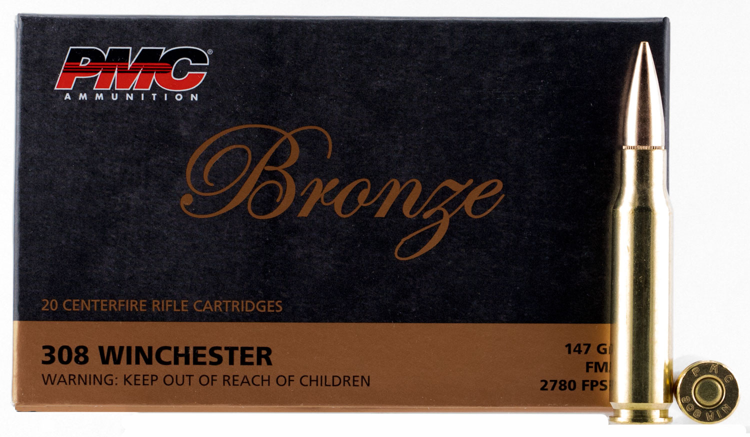PMC 308B Bronze 308Win 147gr Full Metal Jacket Boat Tail 20 Per Box/25 Case