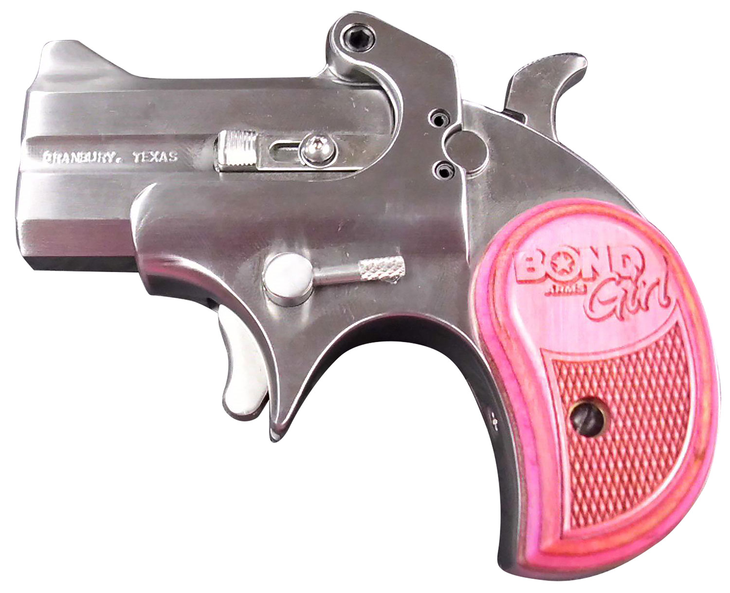 Bond Arms BAM Mini Girl 357 Mag/38 Sp 2rd 2.50" Stainless Steel Double Barrel & Frame, Auto Extractor & Rebounding Hammer, Blade Front/Fixed Rear Sights, Pink Laminate Grip, Manual Safety