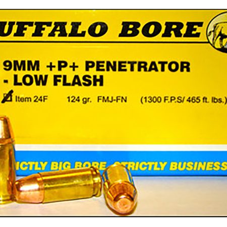 Buffalo Bore Ammunition 24F20 Penetrator Strictly Business 9mmLuger +P+ 124gr Full Metal Jacket Flat Nose 20 Per Box/12 Case