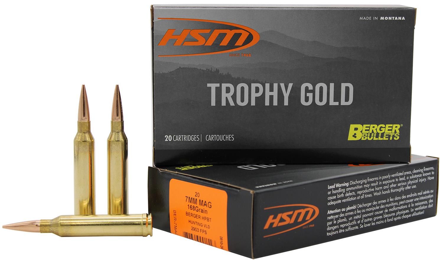 HSM 7MAG168VLD Trophy Gold Extended Range 7mm Rem Mag 168 gr Berger Hunting VLD Match 20 Per Box/ 20 Case
