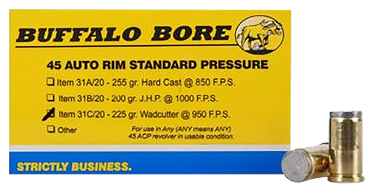 Buffalo Bore Ammunition 31C20 Standard Pressure Strictly Business 45Auto Rim 225gr Wadcutter 20 Per Box/12 Case