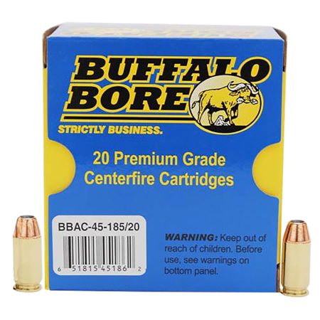 Buffalo Bore Ammunition 4518520 Personal Defense Strictly Business 45ACP +P 185gr Jacket Hollow Point 20 Per Box/12 Case