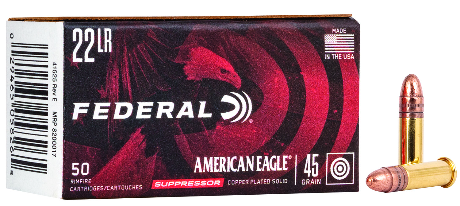 Federal AE22SUP1 American Eagle Suppressor 22LR 45gr Copper Plated Round Nose 50 Per Box/100 Case