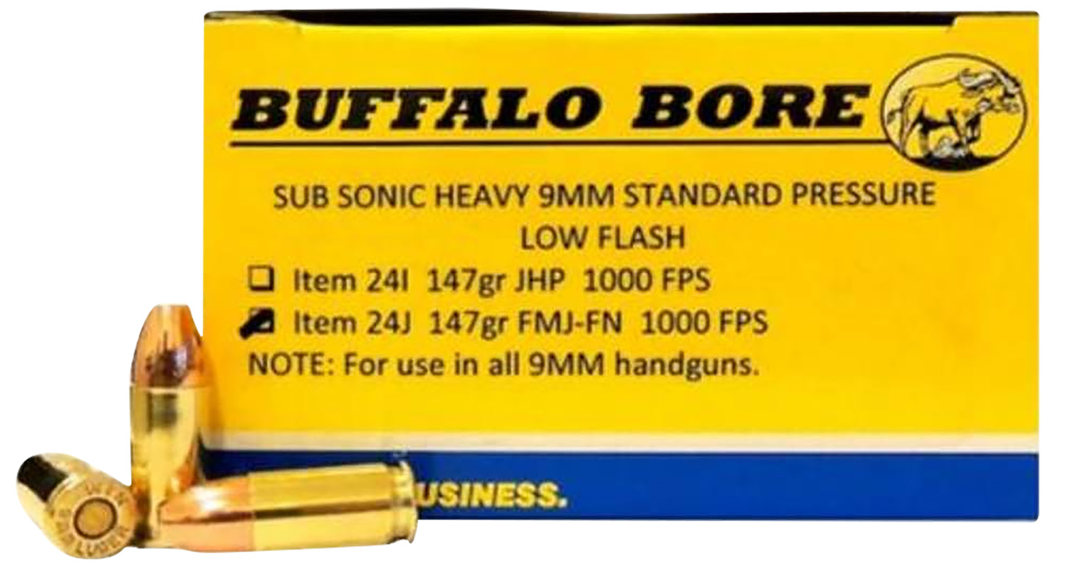 Buffalo Bore Ammunition 24J20 Subsonic Strictly Business 9mmLuger 147gr Full Metal Jacket Flat Nose 20 Per Box/12 Case