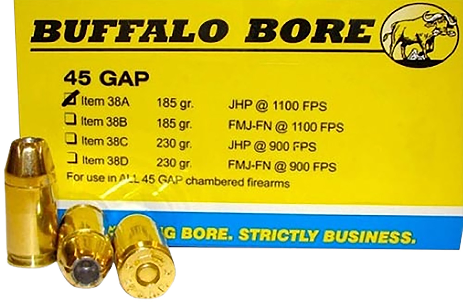 Buffalo Bore Ammunition 38A20 Personal Defense Strictly Business 45GAP 185gr Jacket Hollow Point 20 Per Box/12 Case