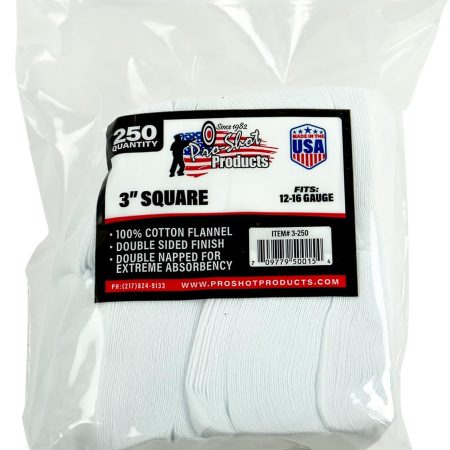 Pro-Shot 3250 Cleaning Patches 12-16 Gauge 3" Square Cotton Flannel 250 Pack
