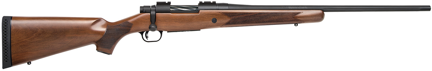 Mossberg 27841 Patriot Full Size 22-250 Rem 5+1 22" Matte Blued Fluted Barrel, Drilled & Tapped Matte Blued Stainless Steel Receiver, Walnut Fixed Stock, Right Hand