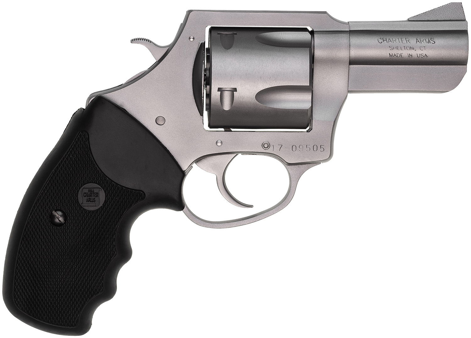 Charter Arms 74520 Pitbull 45 ACP 5rd, 2.50" Matte Stainless Steel Barrel, Cylinder & Frame, Standard Hammer, Finger Grooved Black Rubber Grip