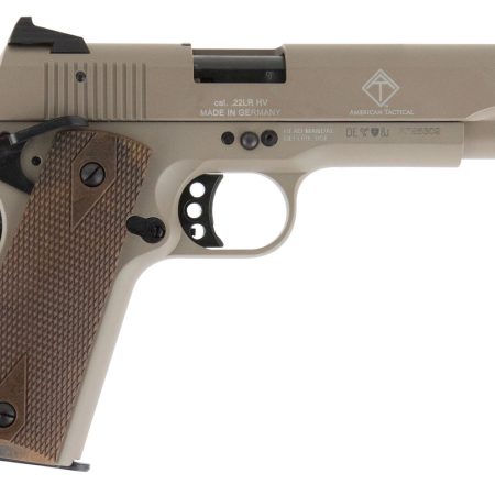 GSG GSG2210M1911T 1911  22 LR 10+1 5" Threaded Barrel, Tan Serrated Slide & Zinc Alloy w/Beavertail Frame, Double Diamond Walnut Grip